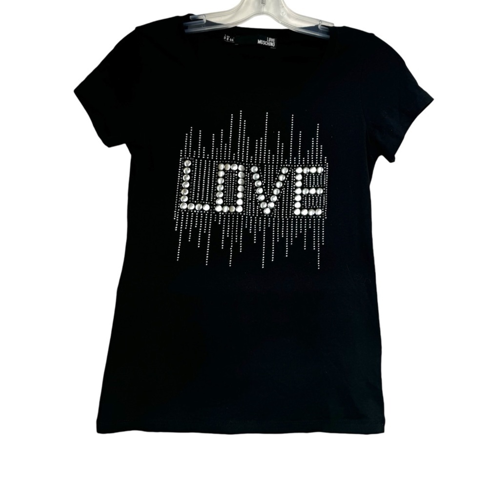 Love Moschino Cotton Silver Stud Appliqué Graphic T Shirt Tee Top Stretch Sleeve